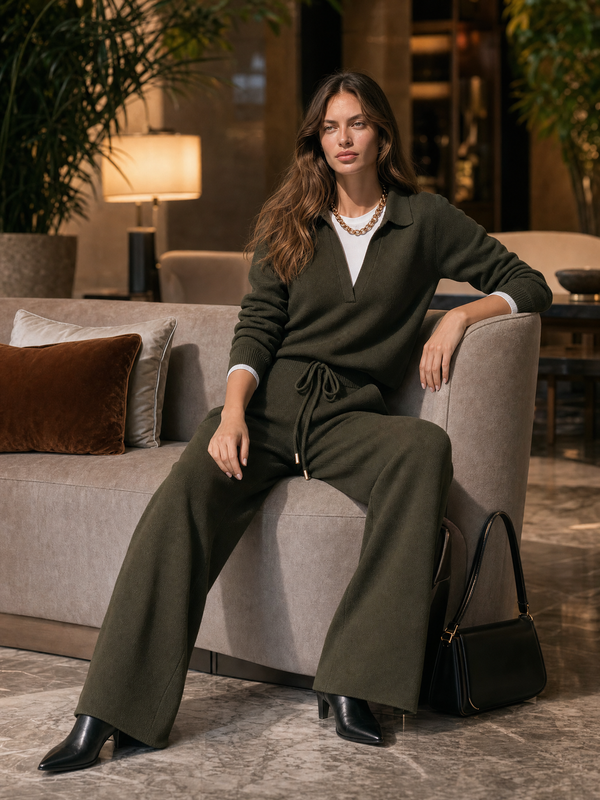Army Green Knitted Polo Sweatshirt And Wide-Leg Pants Set