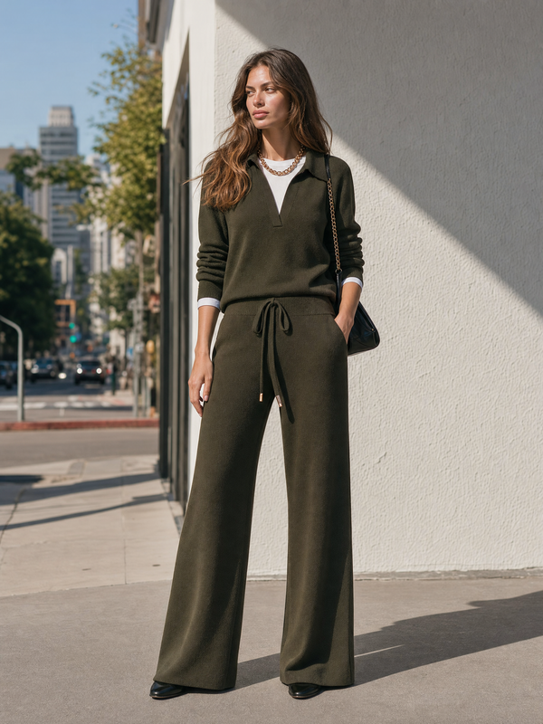 Army Green Knitted Polo Sweatshirt And Wide-Leg Pants Set