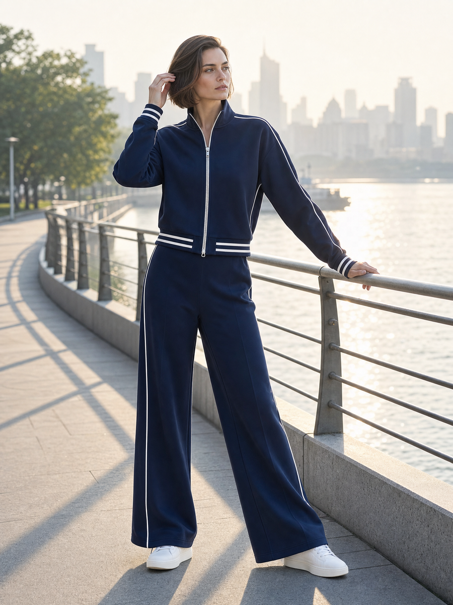 Navy Blue Stand-collar Zip-up Jacket And Wide-leg Trousers Set