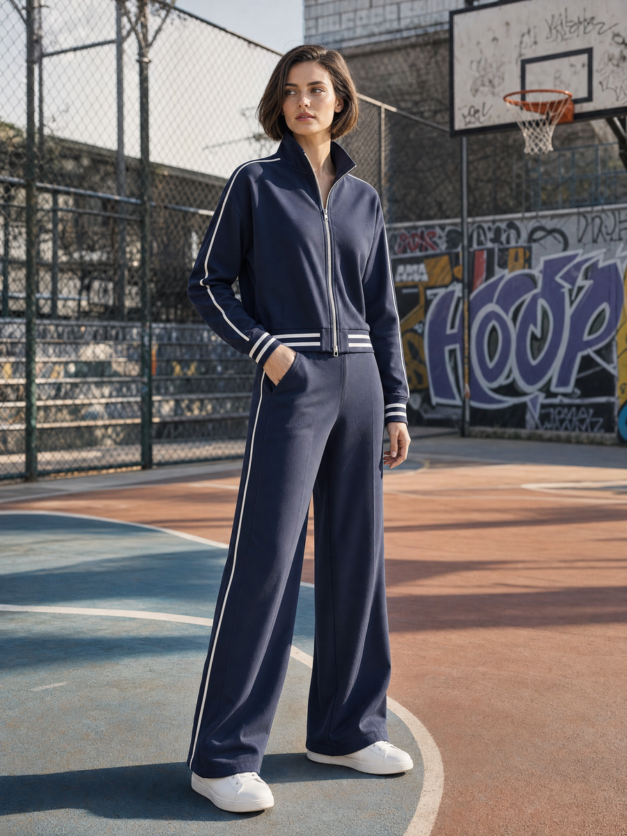 Navy Blue Stand-collar Zip-up Jacket And Wide-leg Trousers Set