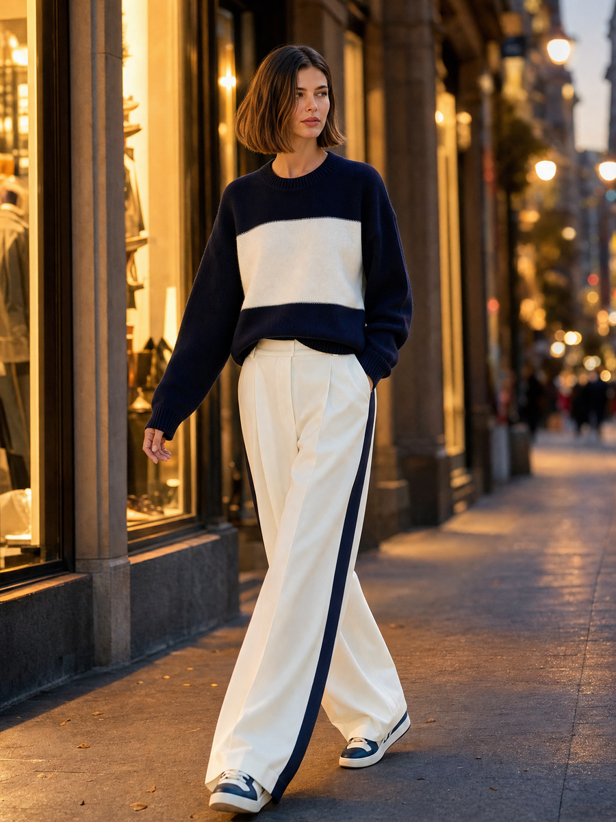 Navy And White Color-block Sweater And Wide-leg Tailored Trousers Set