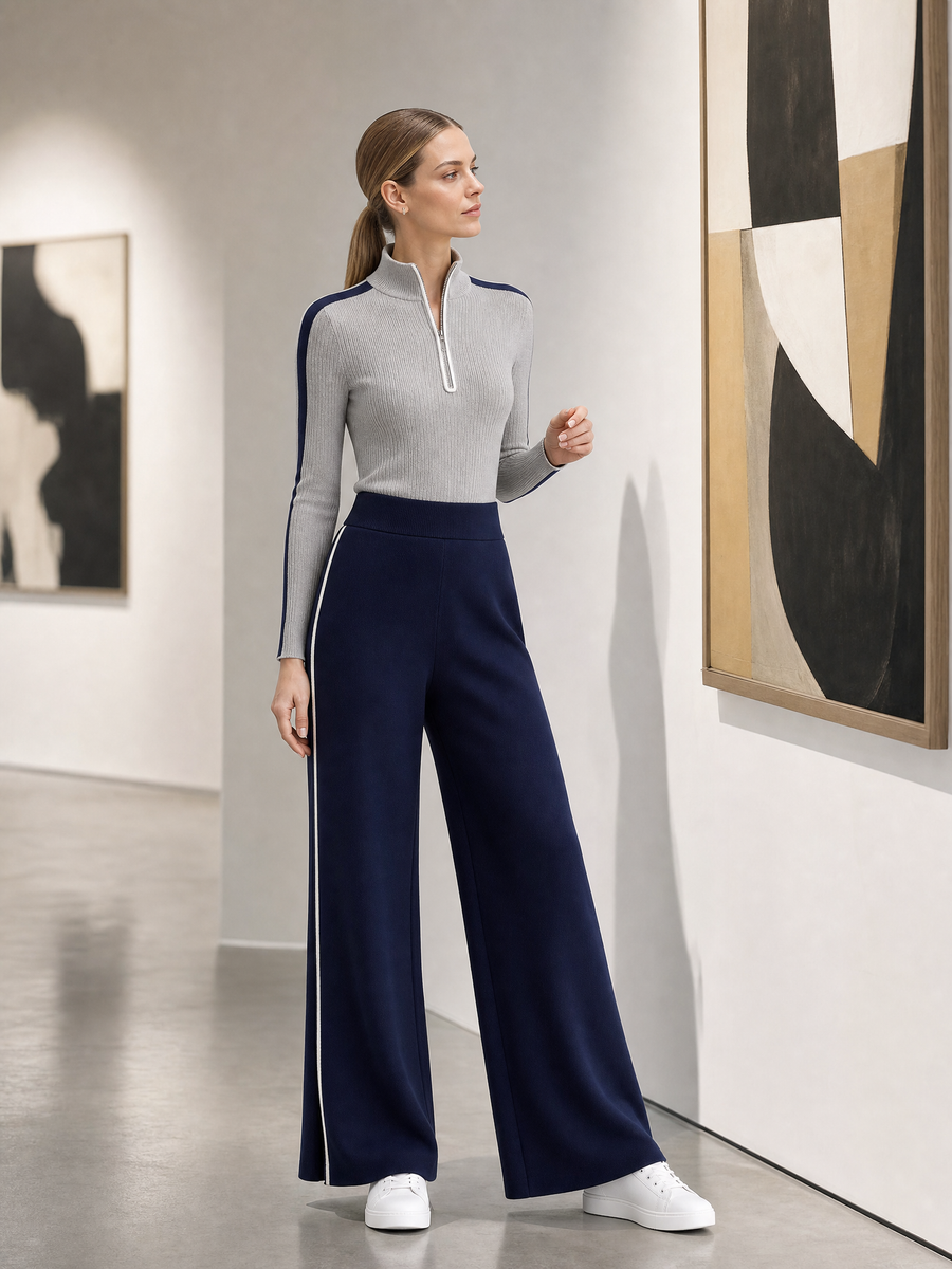 Grey Ribbed Knit Top And Navy Wide-leg Trousers Set