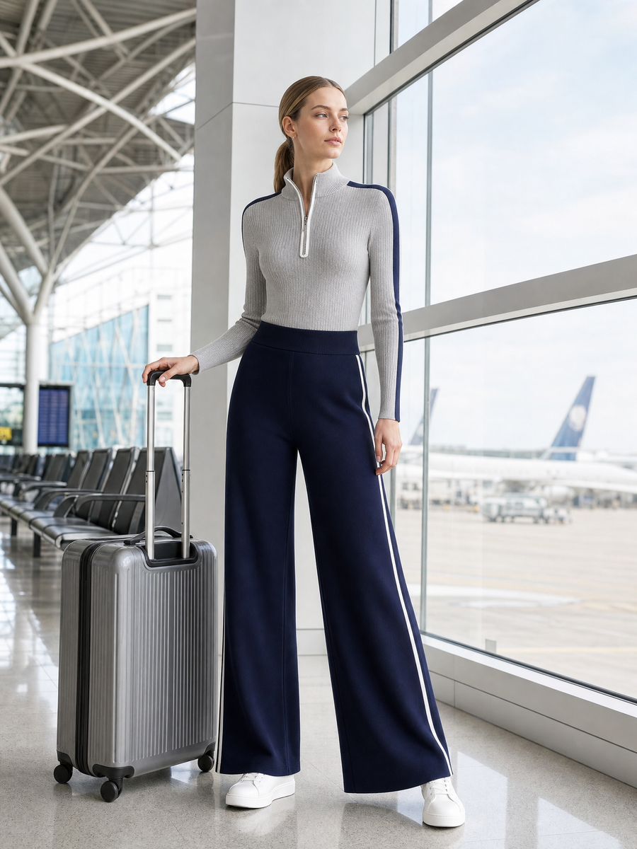 Grey Ribbed Knit Top And Navy Wide-leg Trousers Set