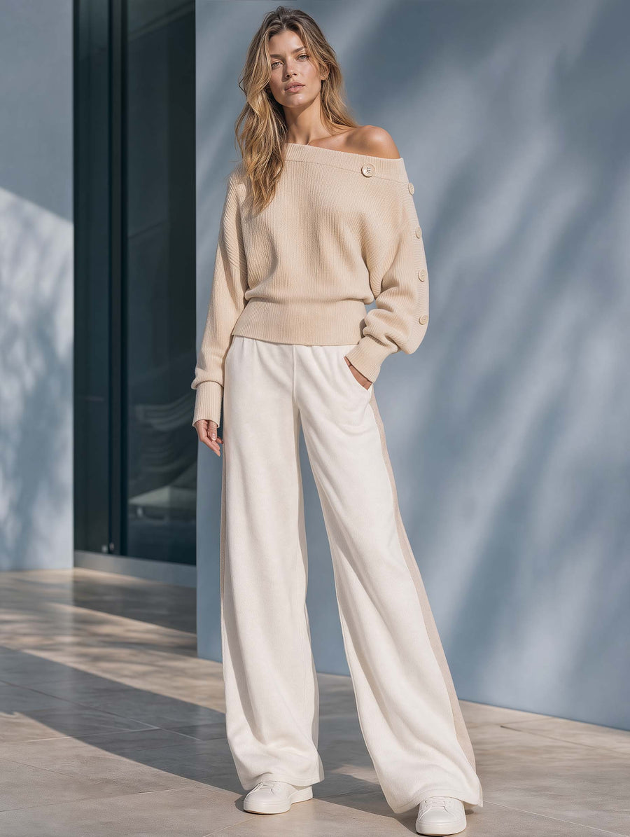 Stylish Khaki Off-the-shoulder Long-sleeve Sweater And Wide-leg Pants Set