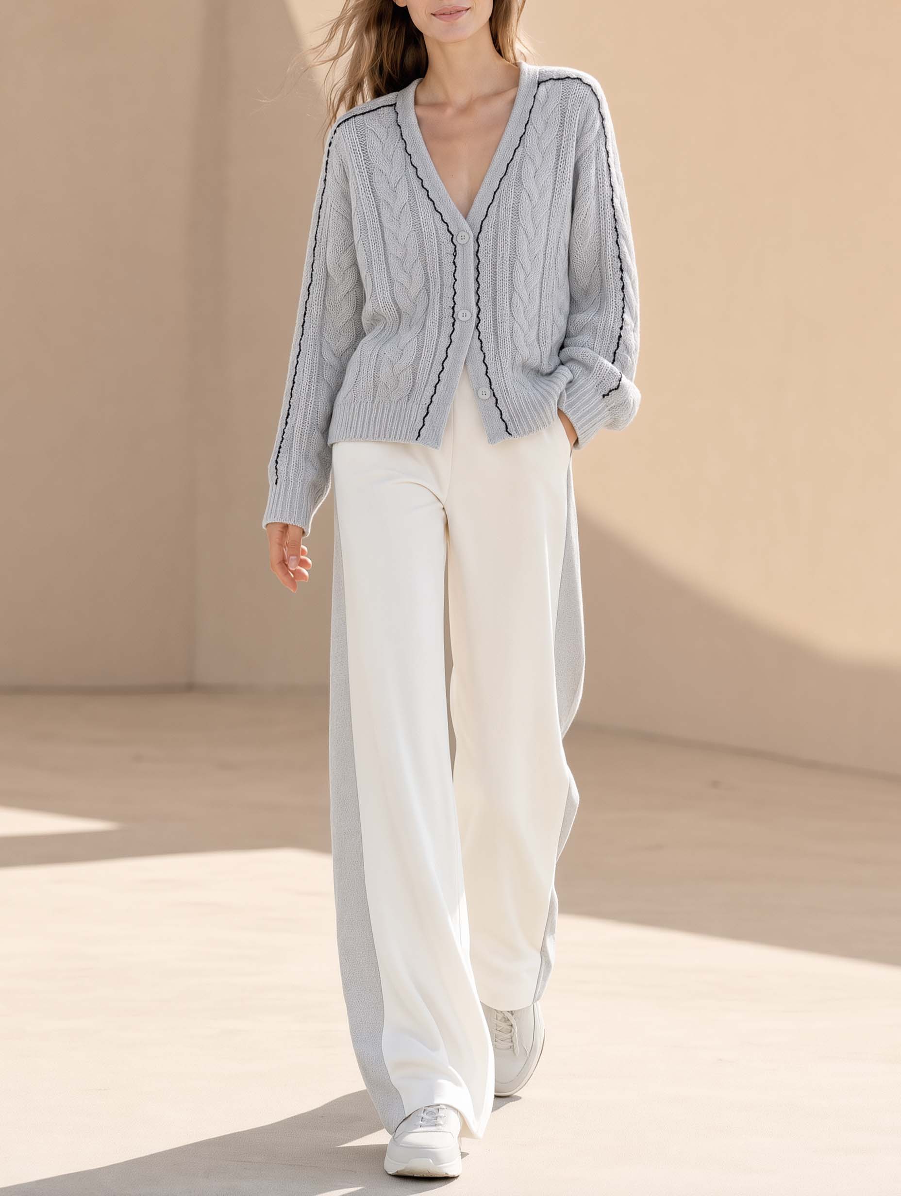Grey Long-sleeve Cardigan And White Color-block Wide-leg Trousers Set