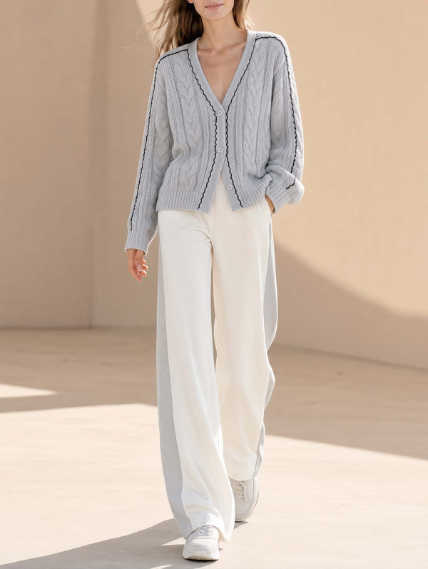 Grey Long-sleeve Cardigan And White Color-block Wide-leg Trousers Set