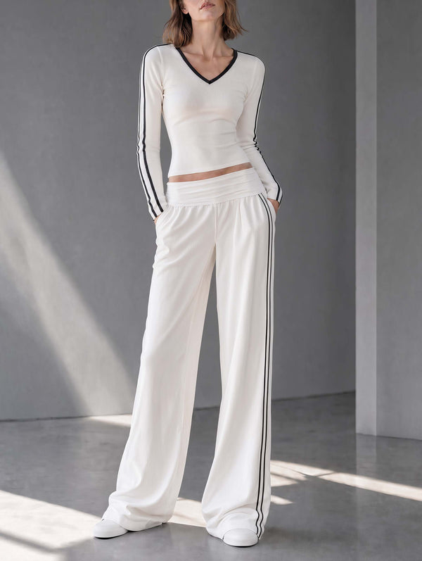 Relaxed-style White V-neck Fitted Long-sleeve Top And Wide-leg Trousers Casual Set