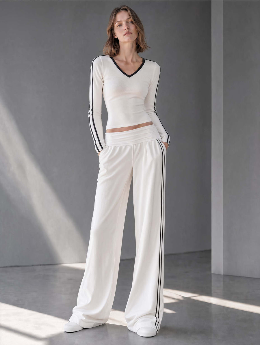 Relaxed-style White V-neck Fitted Long-sleeve Top And Wide-leg Trousers Casual Set