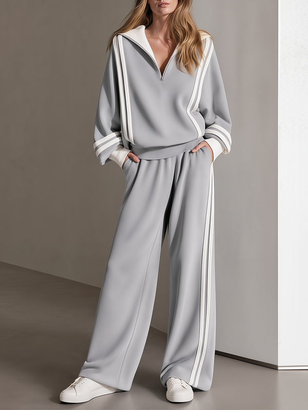 Light Grey-white High-stretch Color-block Striped Half-zip Top And Wide-leg Pants Set