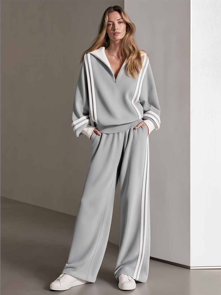 Light Grey-white High-stretch Color-block Striped Half-zip Top And Wide-leg Pants Set
