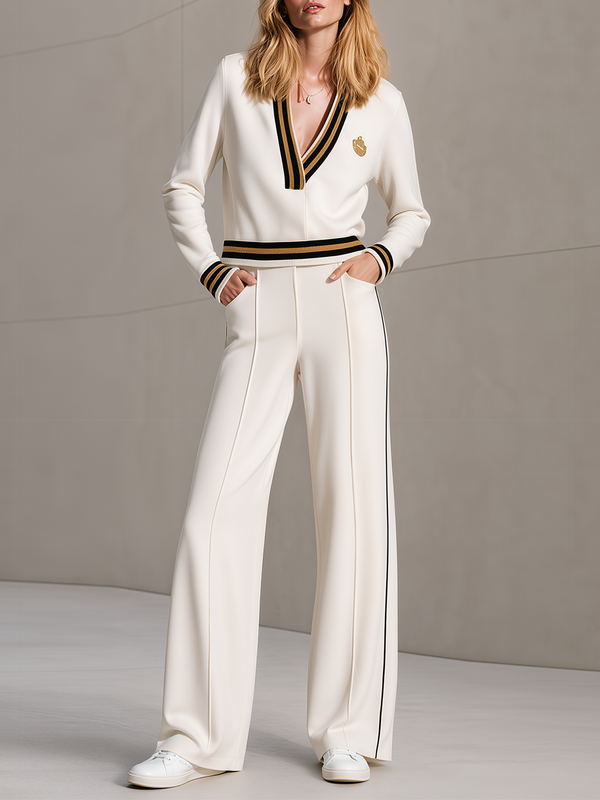 Off‑White Black‑Gold Trim V‑Neck Badge Straight‑Leg Pants Set