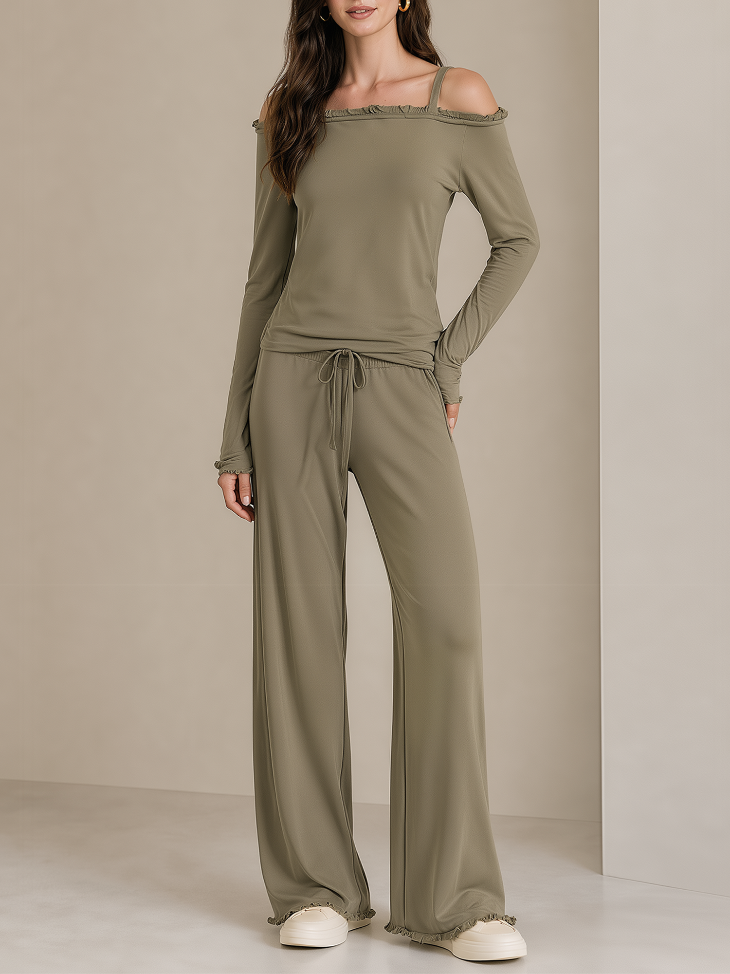 Olive Green Ruffle Off‑Shoulder Drawstring Wide Leg Pants Two‑Piece Set