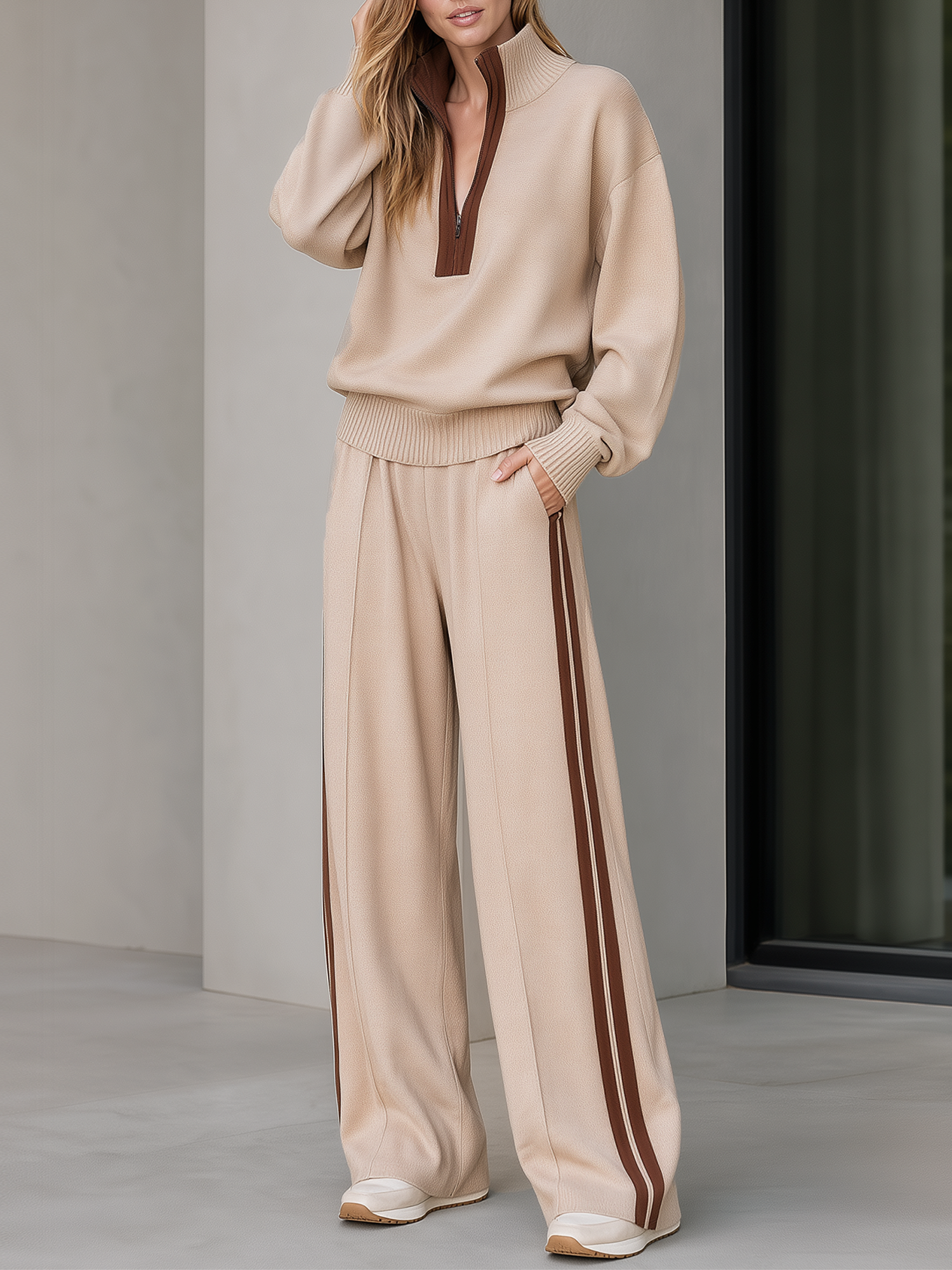 Oatmeal And Brown Color-block Half-zip Knit Top And Wide-leg Trousers Set