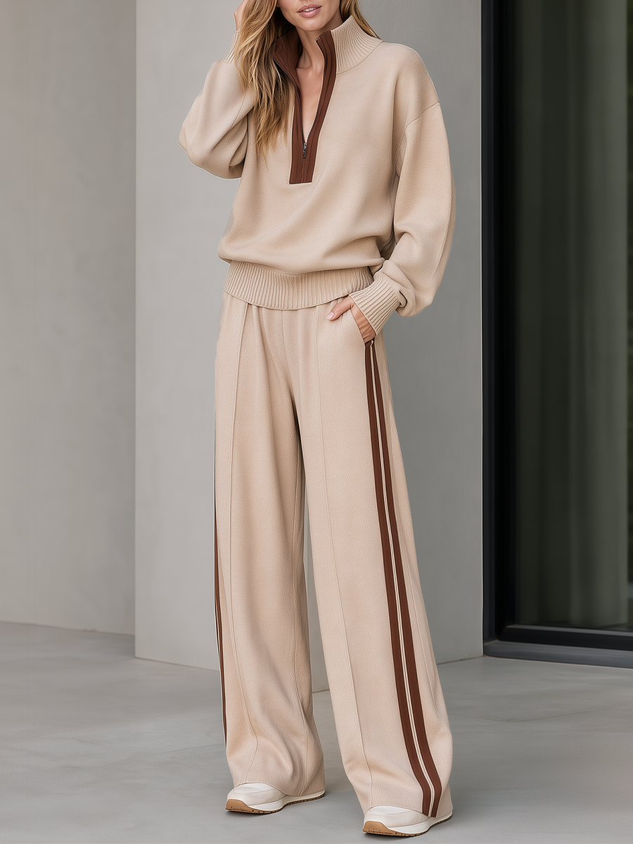 Oatmeal And Brown Color-block Half-zip Knit Top And Wide-leg Trousers Set
