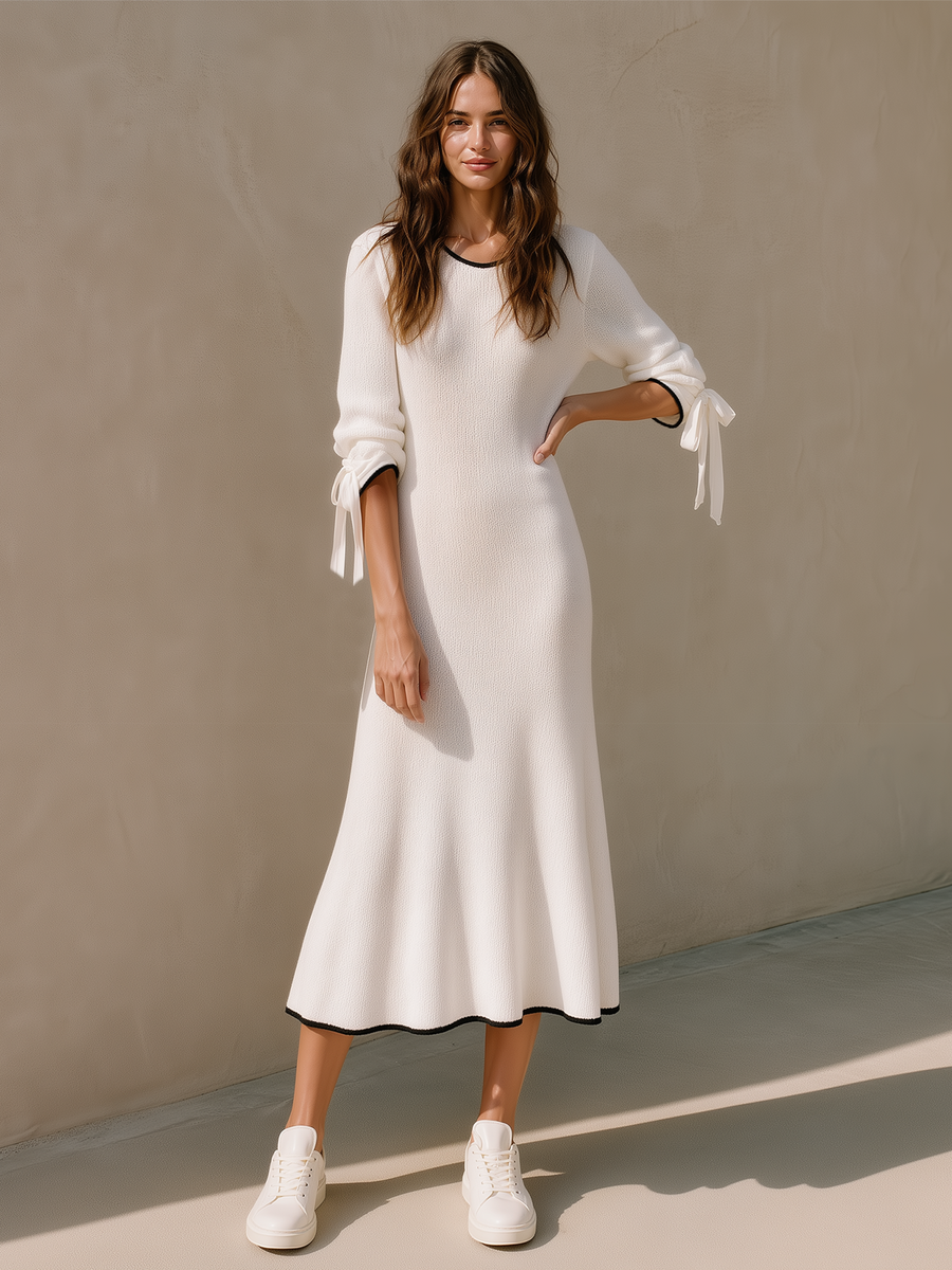 Knit Midi Mermaid Dress With Contrast-Trim Bow Sleeves