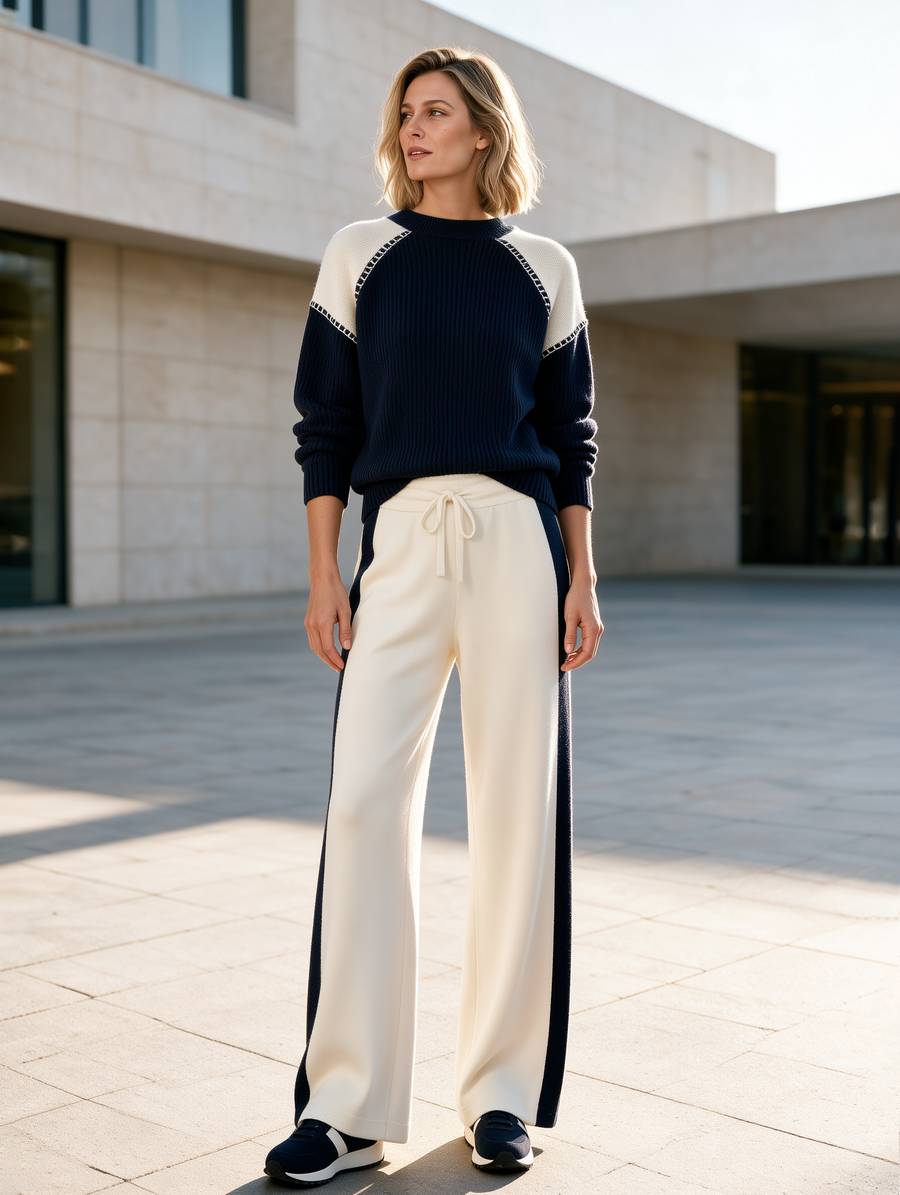 Navy And White Color-block Sweater And Wide-leg Trousers Set