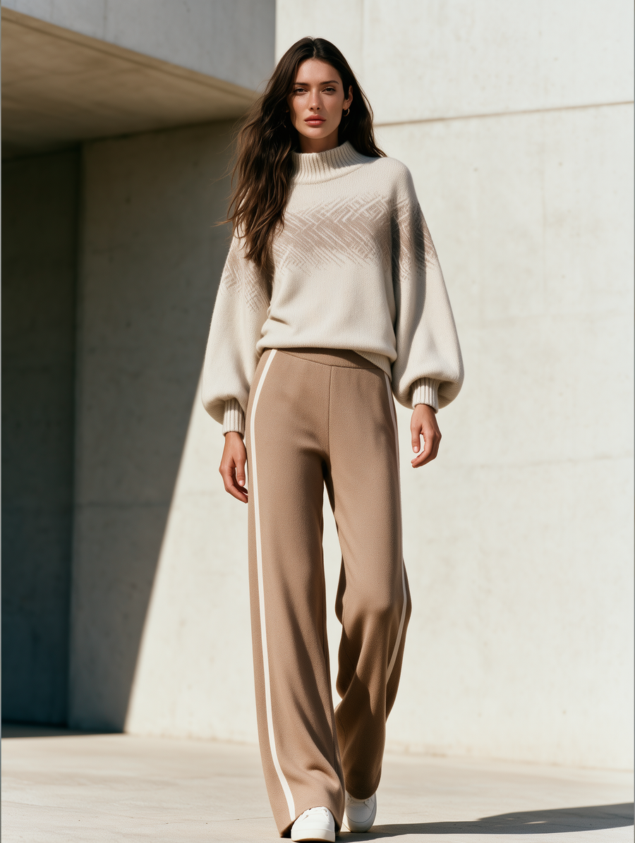Off-white Jacquard Sweater And Camel Wide-leg Trousers Set