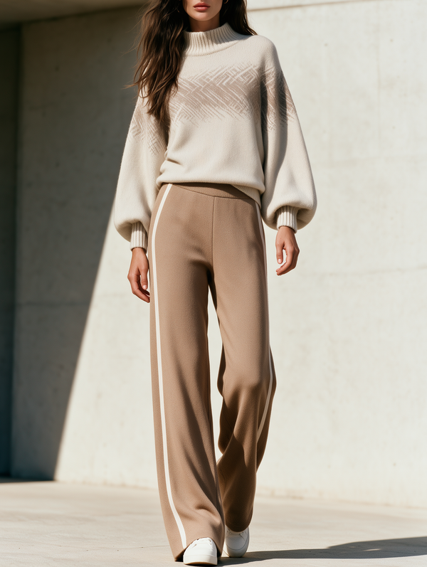 Off-white Jacquard Sweater And Camel Wide-leg Trousers Set