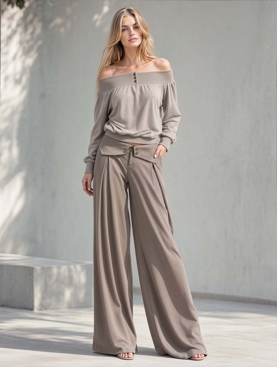 Khaki Off-the-shoulder Long-sleeve Top And Wide-leg Trousers Set