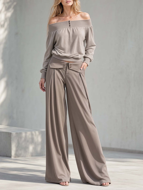 Khaki Off-the-shoulder Long-sleeve Top And Wide-leg Trousers Set