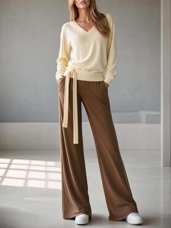 Light Yellow V-neck Long-sleeve Tie-front Top And Brown Wide-leg Trousers Set