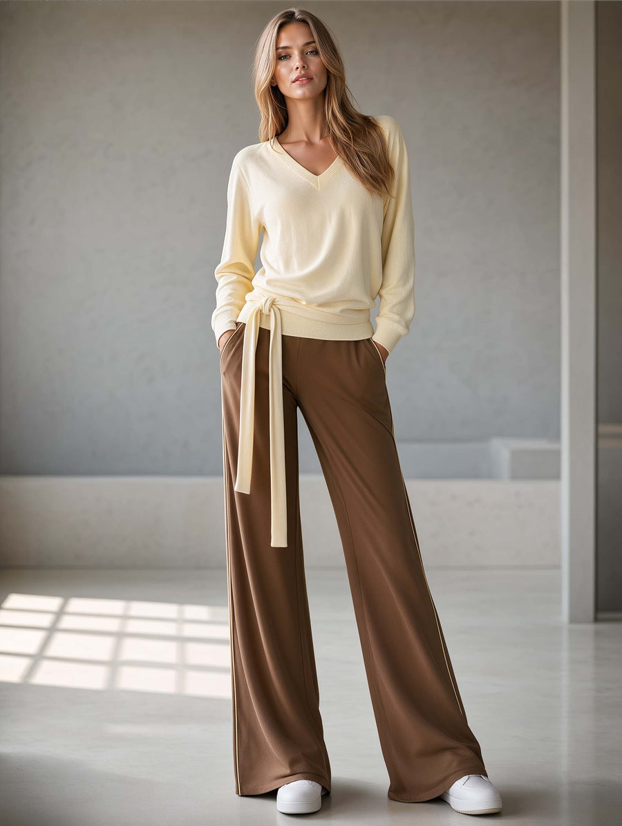 Light Yellow V-neck Long-sleeve Tie-front Top And Brown Wide-leg Trousers Set