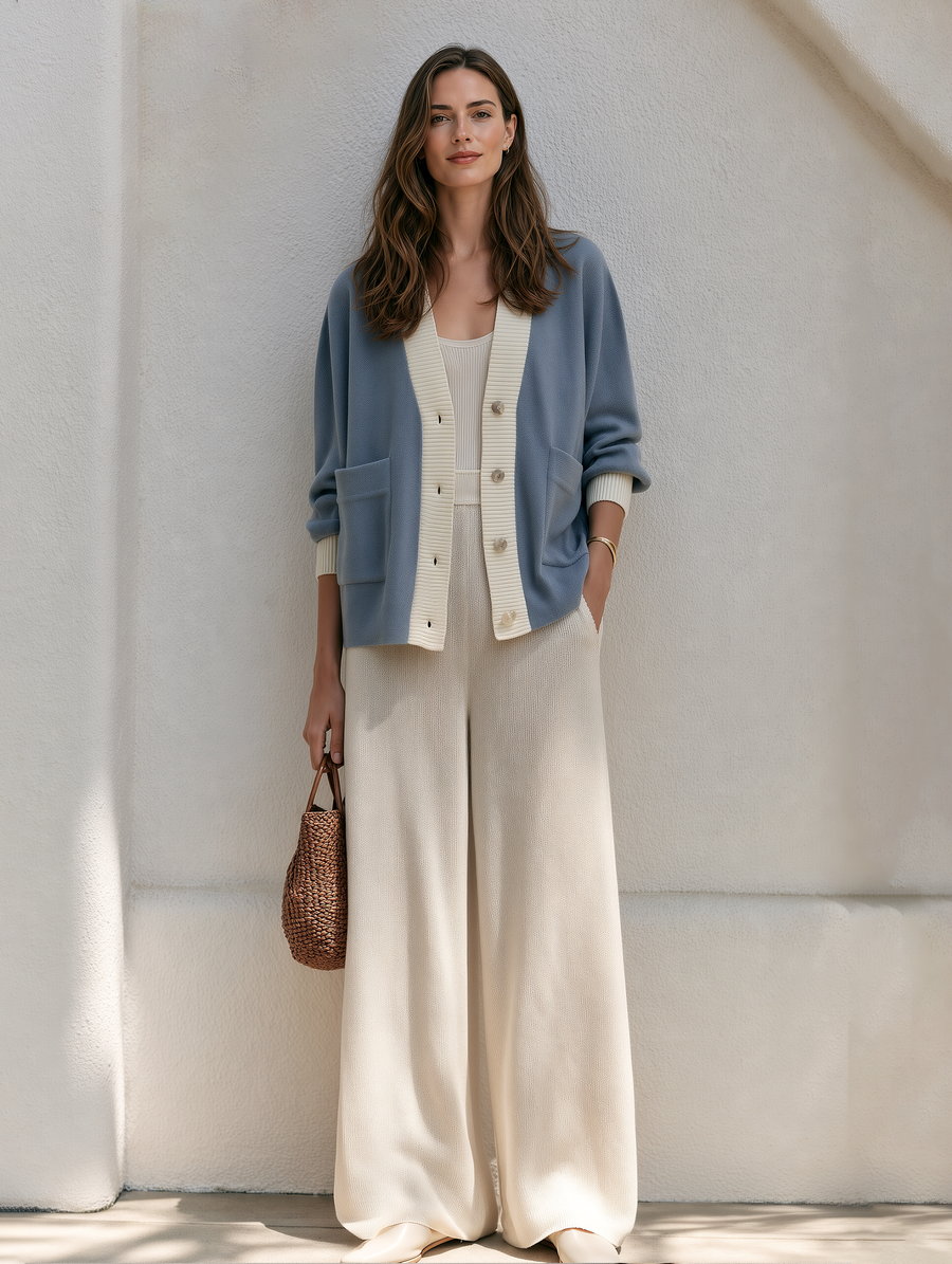 Hazy Blue Knit Cardigan And Trousers Set With Pockets