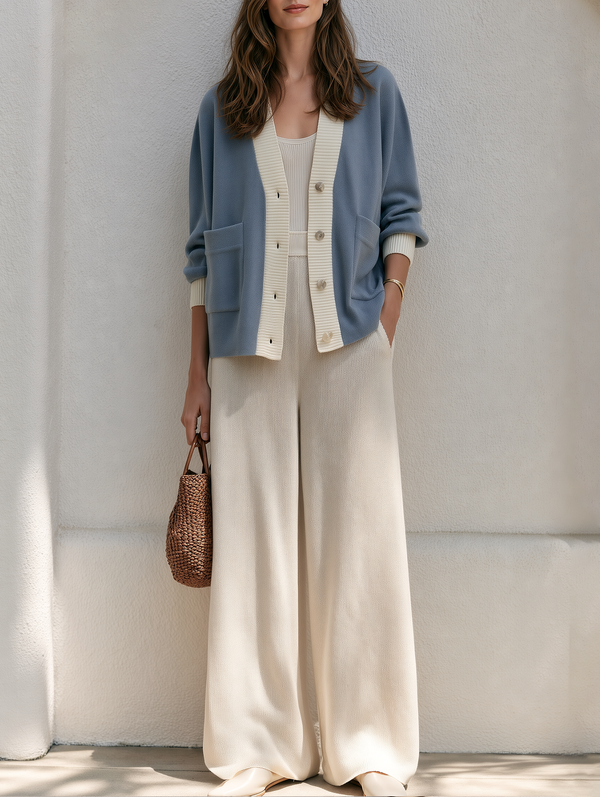 Hazy Blue Knit Cardigan And Trousers Set With Pockets