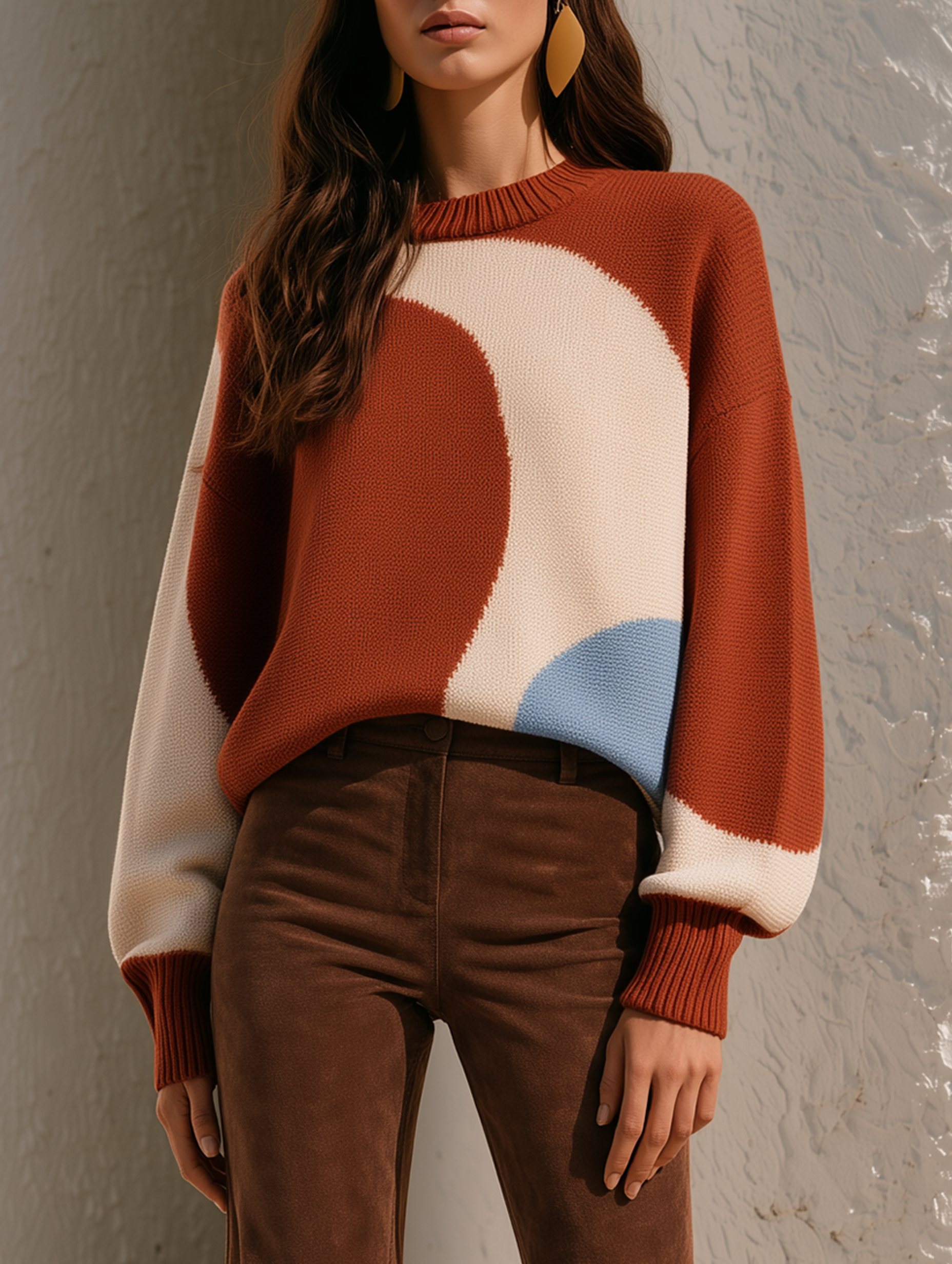 Retro Rust-Red Geometric Color-Block Jacquard Sweater