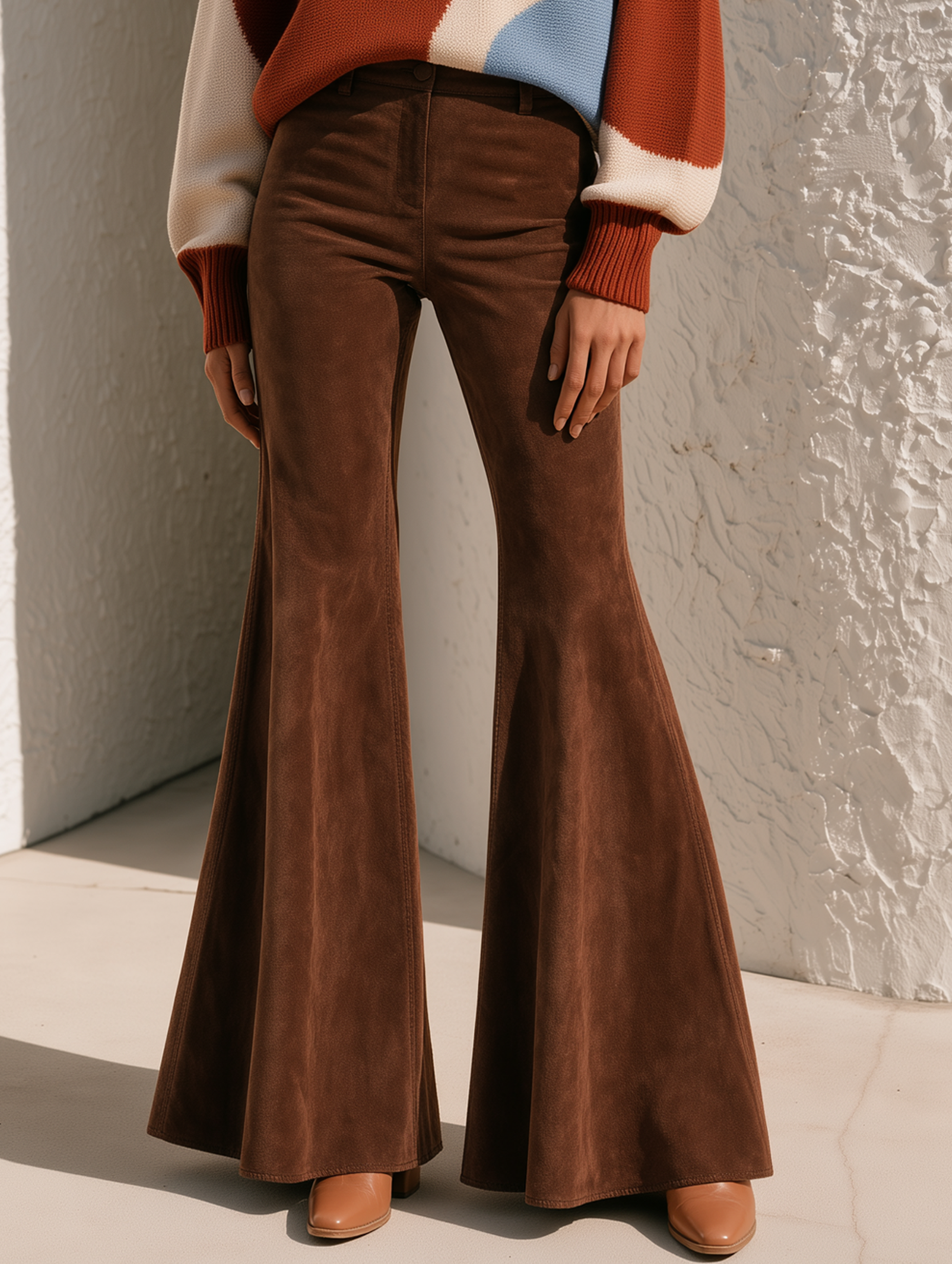 Retro Brown Stretchy Flared Trousers That Create A Tall Silhouette