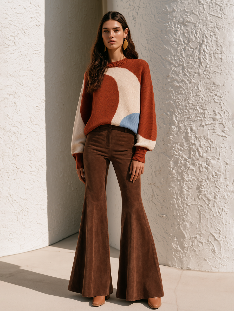 Retro Brown Stretchy Flared Trousers That Create A Tall Silhouette