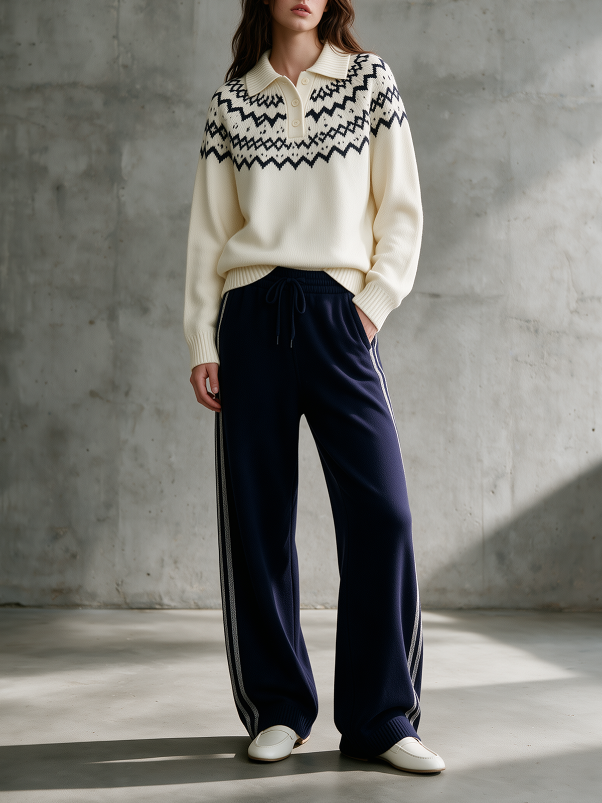 Fair Isle Knit Polo & Navy Side-Stripe Wide-Leg Pants Set