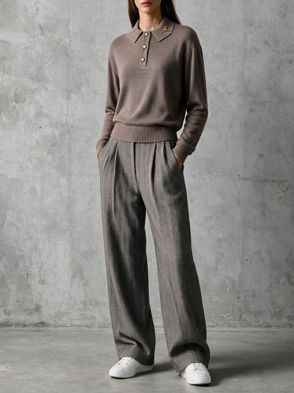 Mocha Pearl-Button Knit Polo & Herringbone Wide-Leg Trousers Set