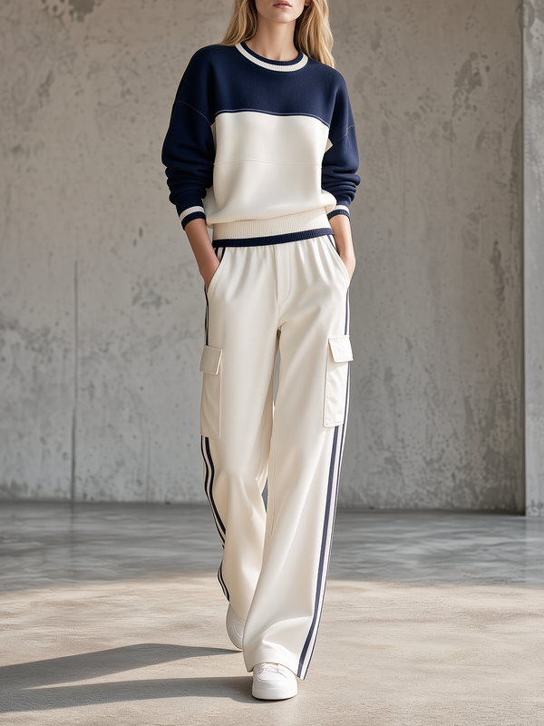 Navy Color-Block Sweatshirt & Cargo Wide-Leg Pants Set
