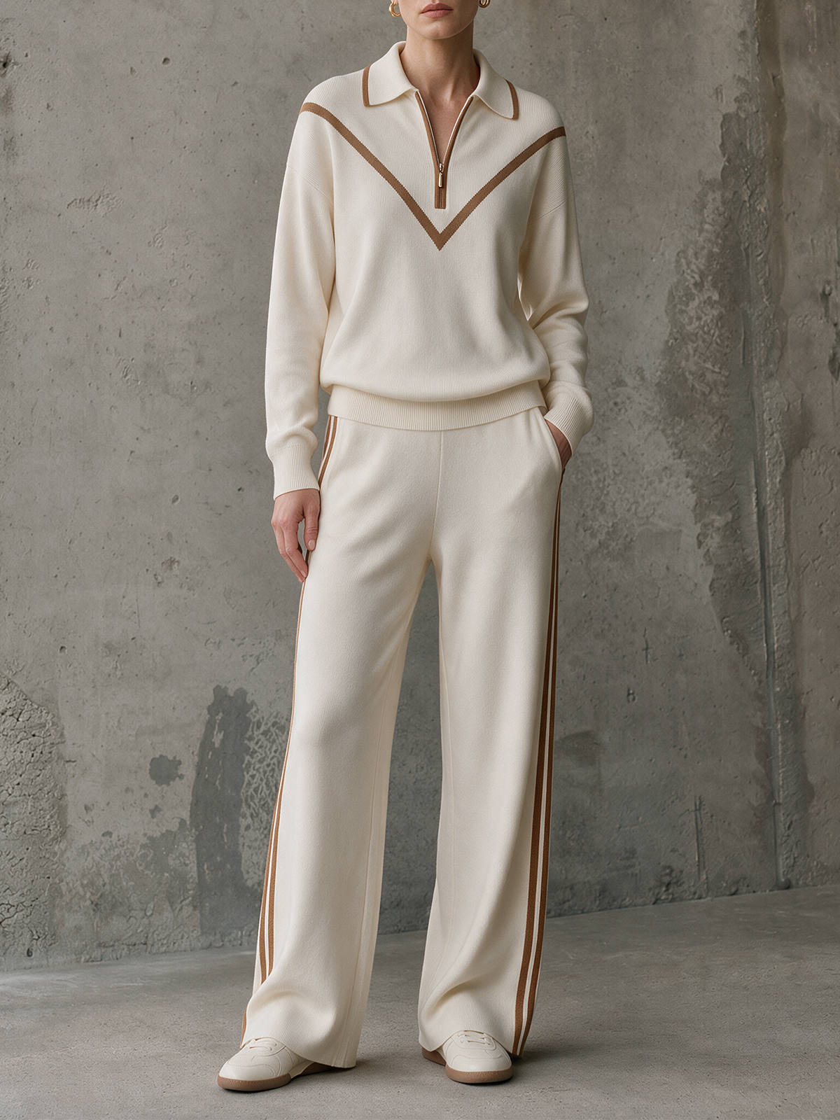 Ivory Camel-Trim Half-Zip Knit Polo & Side-Stripe Wide-Leg Pants Set