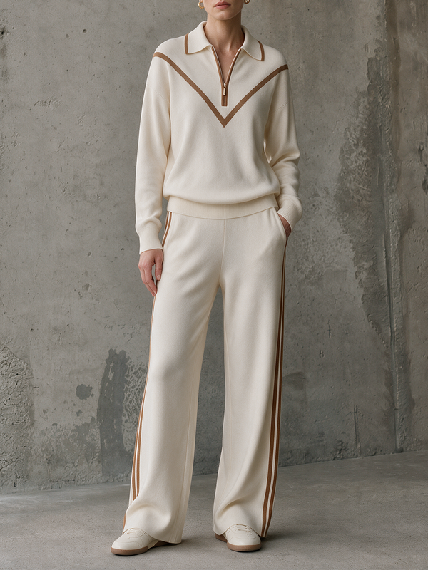Ivory Camel-Trim Half-Zip Knit Polo & Side-Stripe Wide-Leg Pants Set