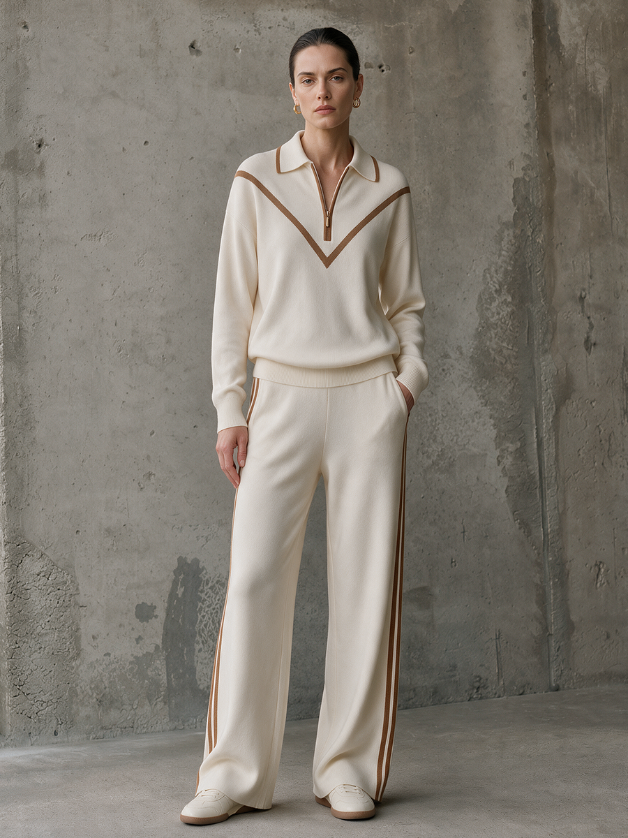 Ivory Camel-Trim Half-Zip Knit Polo & Side-Stripe Wide-Leg Pants Set