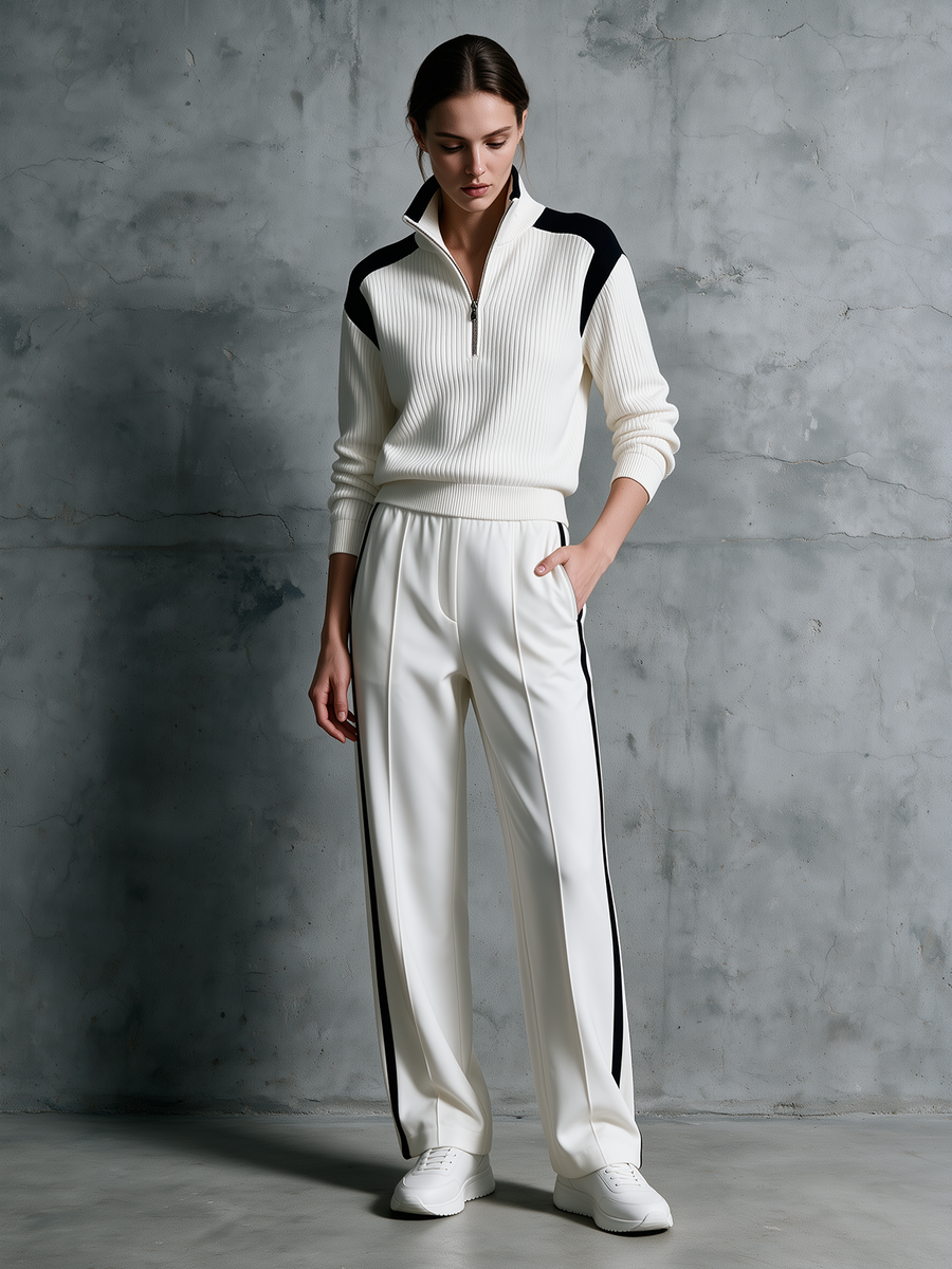 White Navy-Shoulder Half-Zip Sweater & Side-Stripe Wide-Leg Pants Set