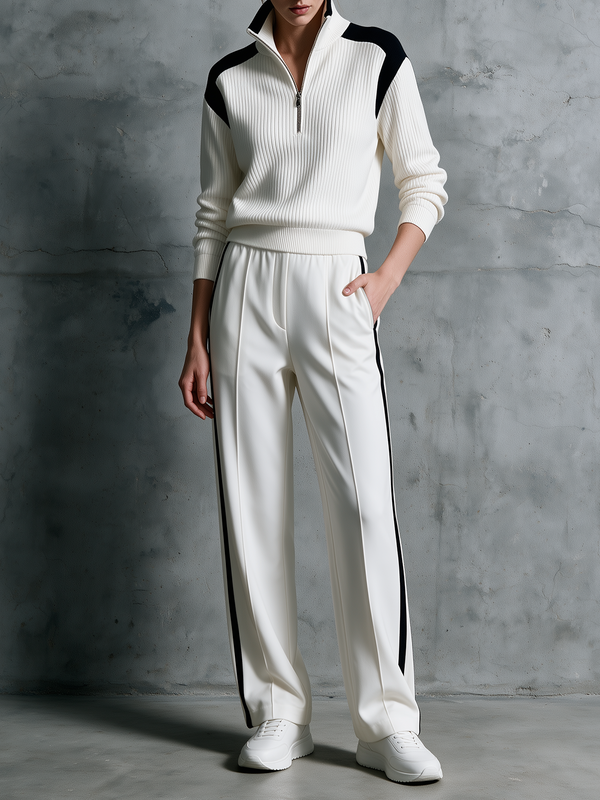 White Navy-Shoulder Half-Zip Sweater & Side-Stripe Wide-Leg Pants Set