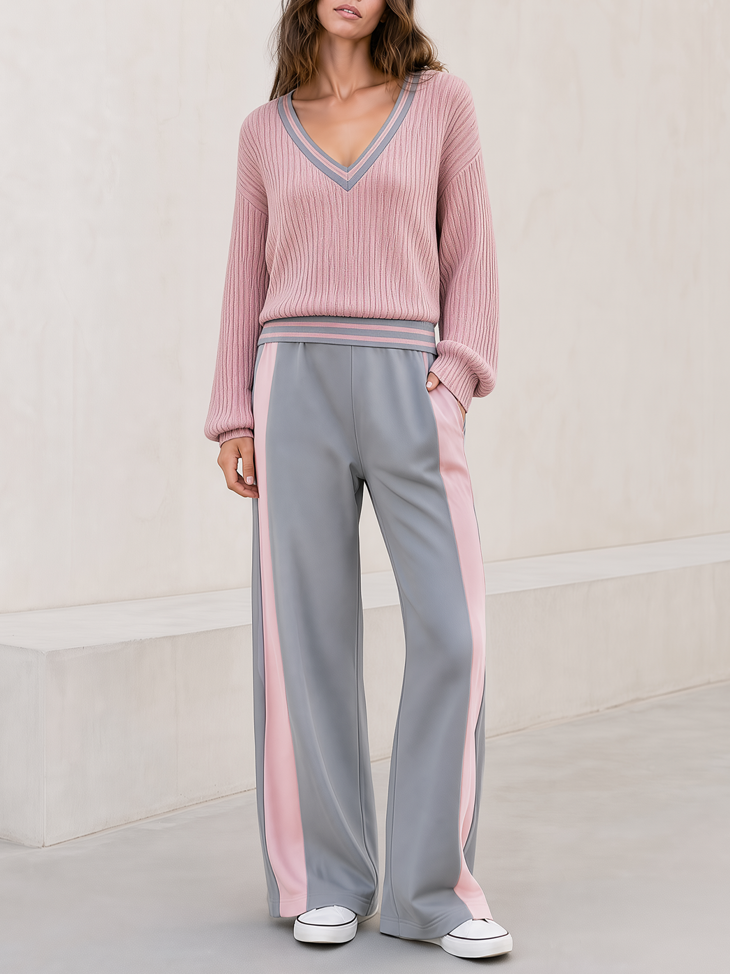 Dusty Pink Color-block V-neck Ribbed Sweater And Grey Contrast Wide-leg Trousers Set