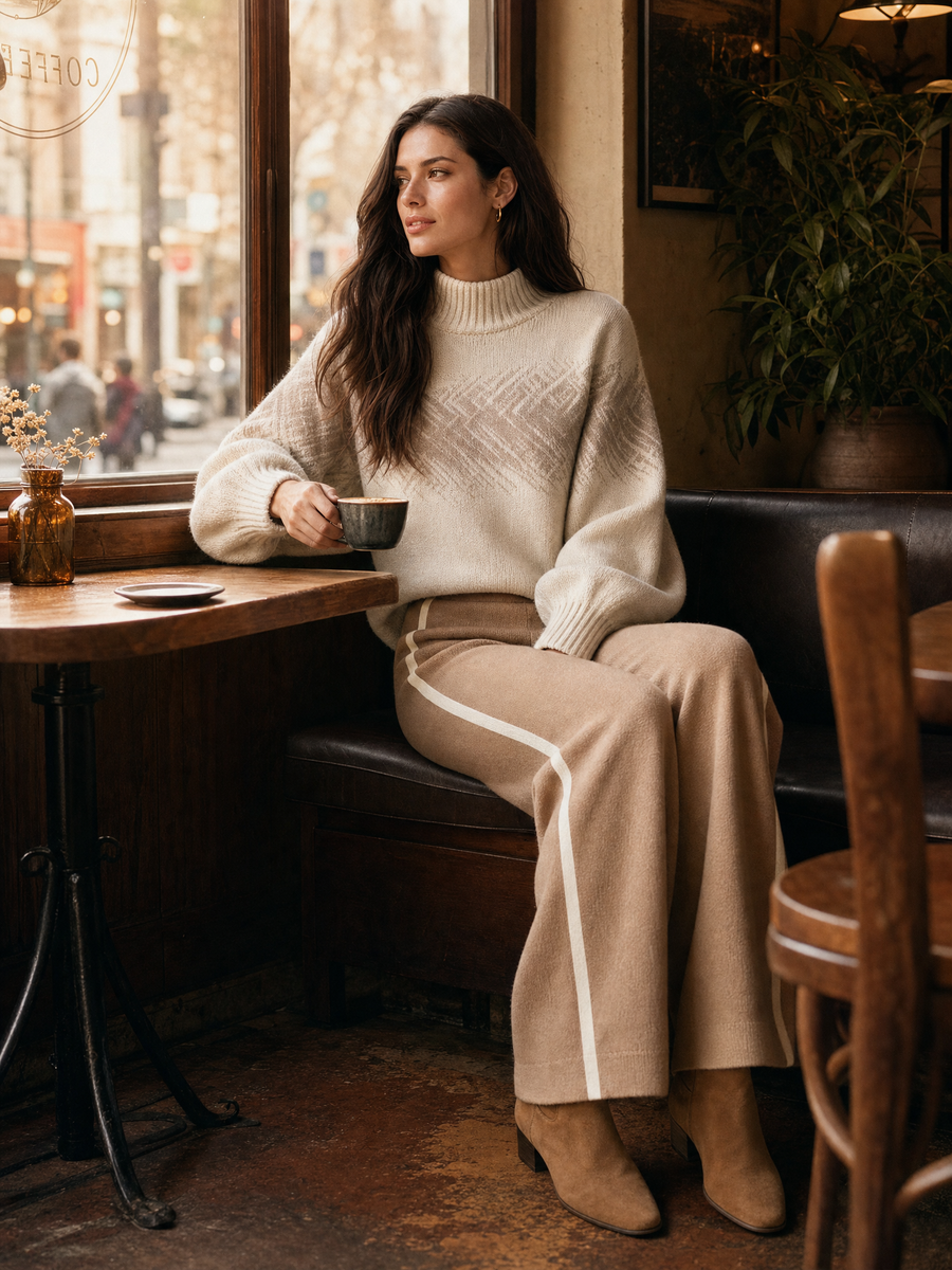 Off-white Jacquard Sweater And Camel Wide-leg Trousers Set