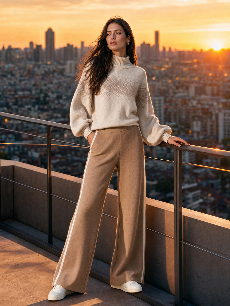 Off-white Jacquard Sweater And Camel Wide-leg Trousers Set