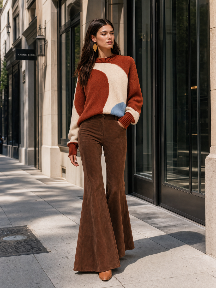 Retro Brown Stretchy Flared Trousers That Create A Tall Silhouette