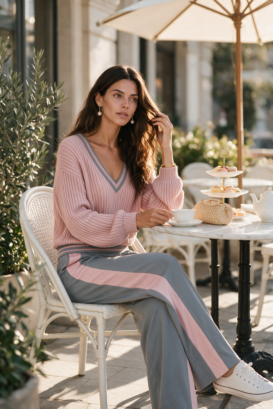 Dusty Pink Color-block V-neck Ribbed Sweater And Grey Contrast Wide-leg Trousers Set