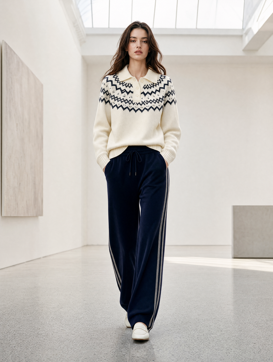 Fair Isle Knit Polo & Navy Side-Stripe Wide-Leg Pants Set