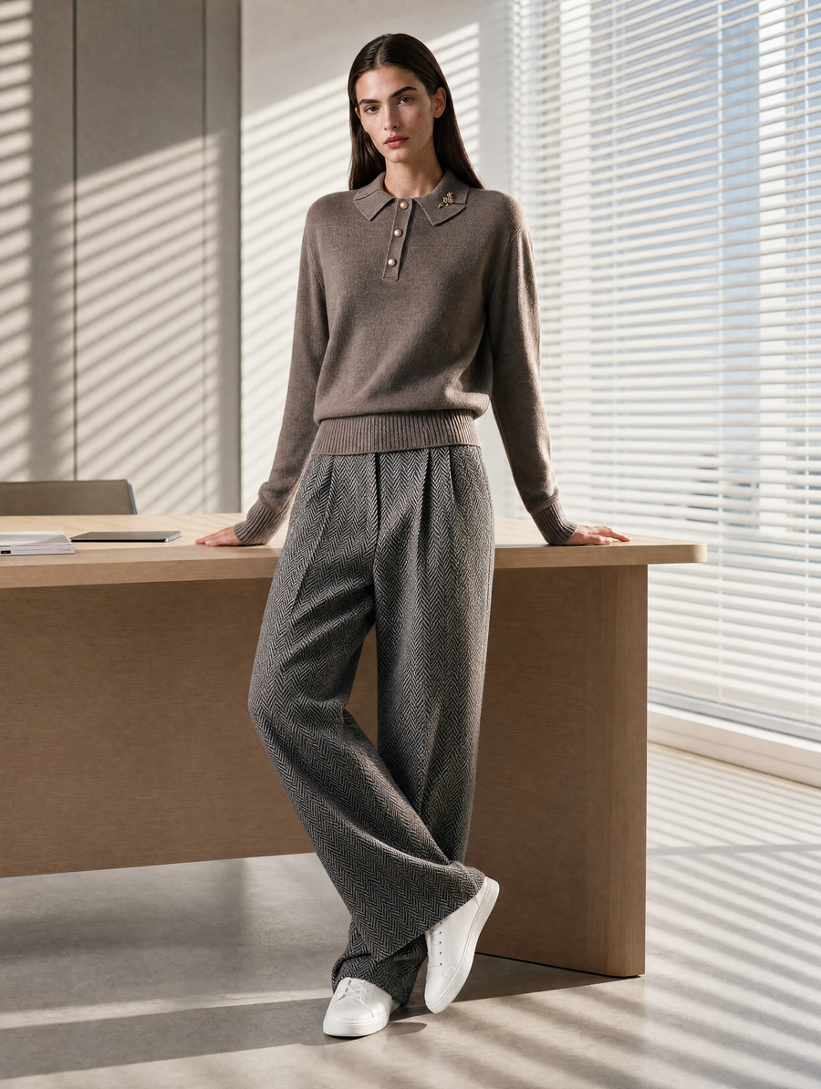 Mocha Pearl-Button Knit Polo & Herringbone Wide-Leg Trousers Set