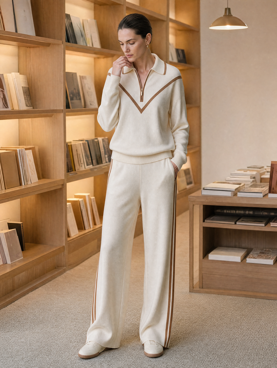 Ivory Camel-Trim Half-Zip Knit Polo & Side-Stripe Wide-Leg Pants Set