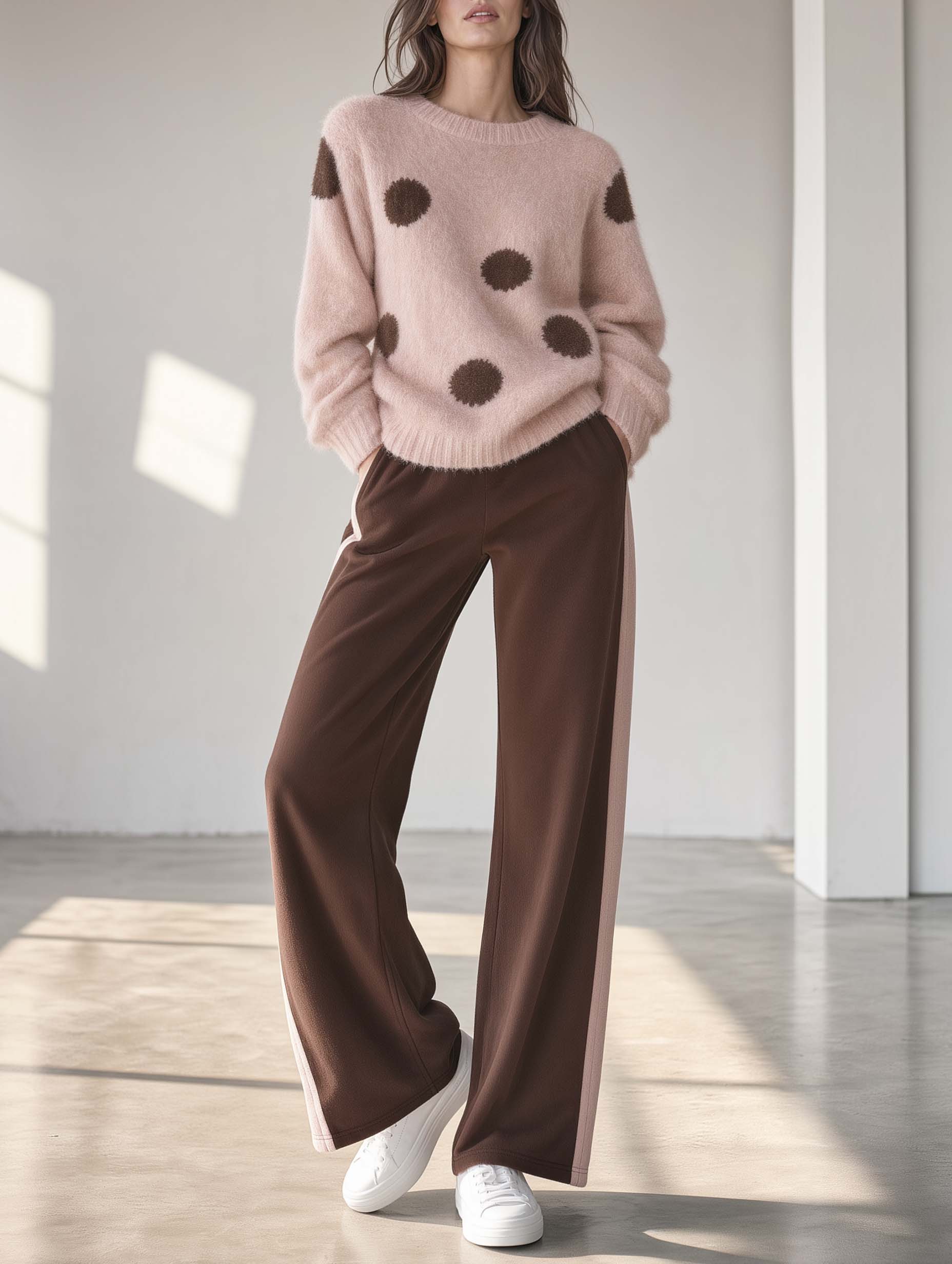 Misty Pink Long-sleeve Polka-dot Casual Sweater And Brown Trousers Set