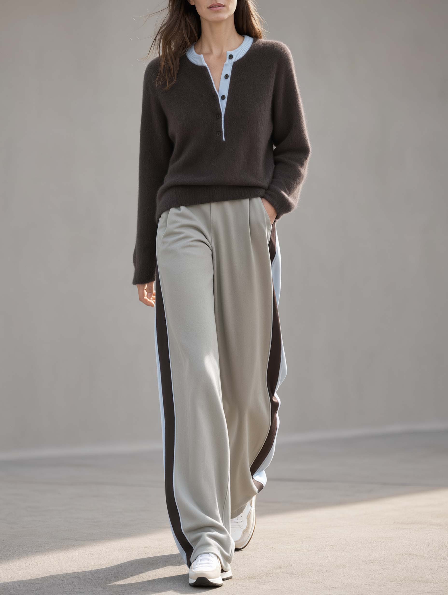 Stylish Casual Brown And Blue Color-Block Long-Sleeve Sweater And Grey Wide-Leg Pants Set