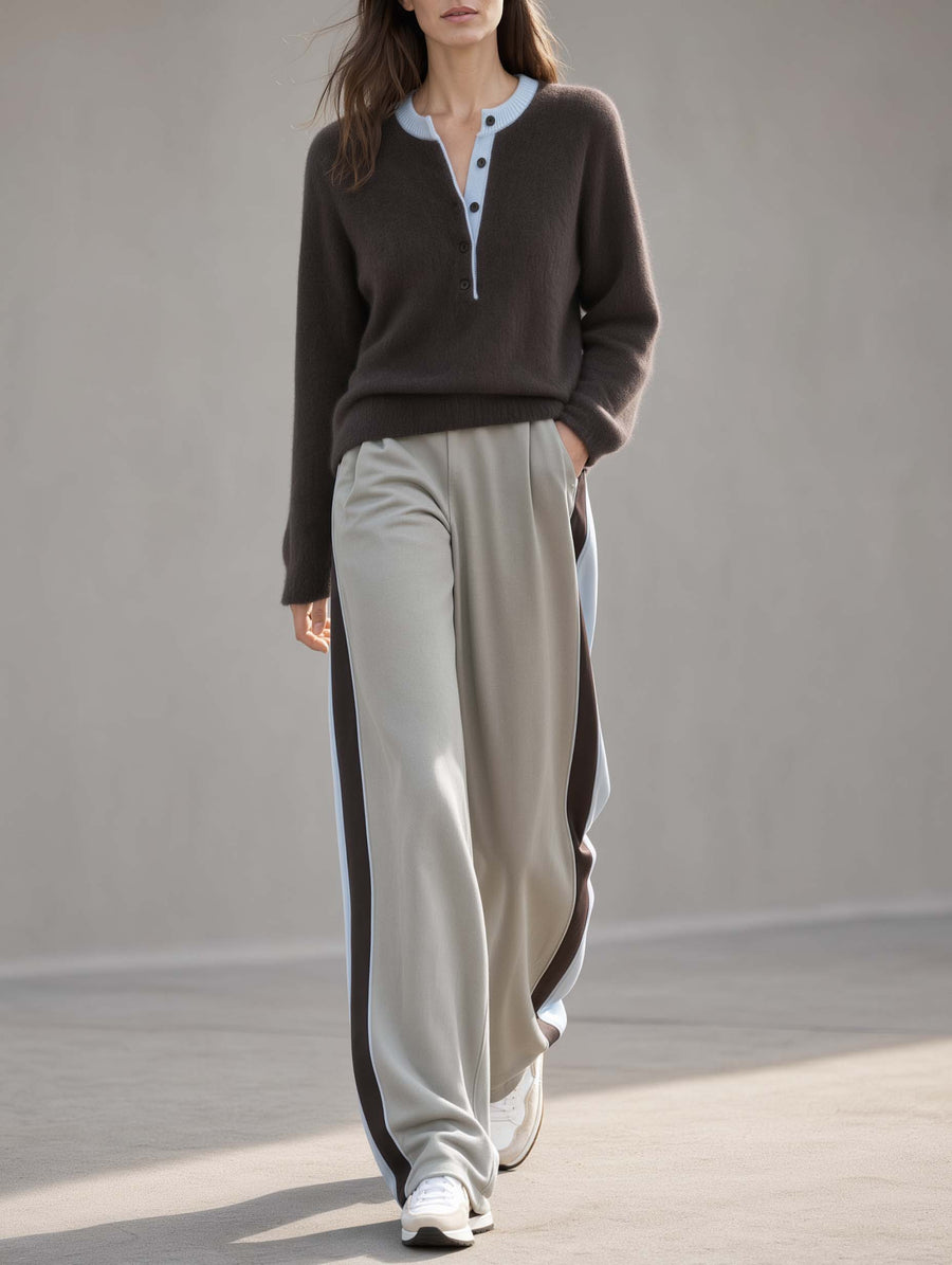 Stylish Casual Brown And Blue Color-Block Long-Sleeve Sweater And Grey Wide-Leg Pants Set